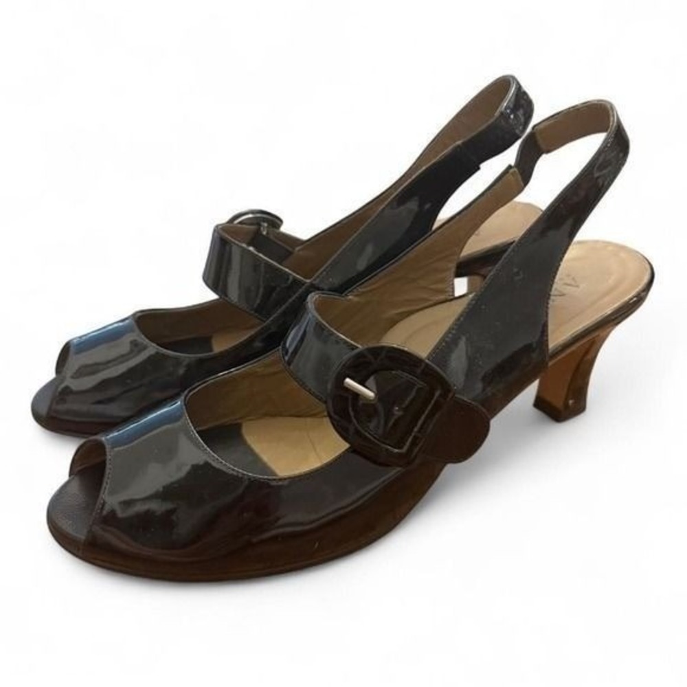 Anyi Lu Black Patent Leather Peep Toe Slingback Buckle Heels Shoes Italy 41.5
